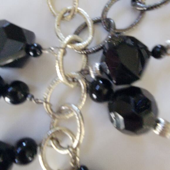 Bold Black Bead Necklace Two Tone Silver Gold Chain 30 Inch Statement Jewelry - Picture 7 of 10